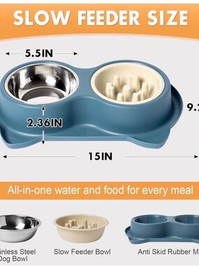 Slow Feeder Dog Bowl with Stainless Steel Insert - Blue